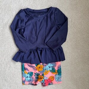 Cat and jack baby girls Navy Peplum rashguard and Floral Shorts swim Set 18 mos